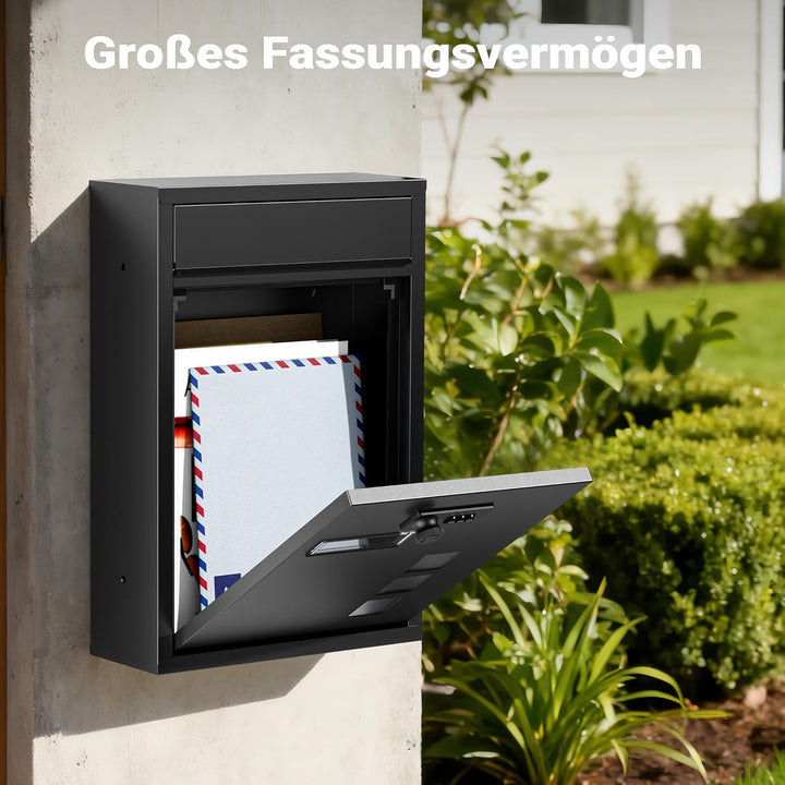 Wiltec Briefkasten schwarz 215x320x90mm Briefkasten mit Zahlenschloss, Namensschild und Sichtfenster