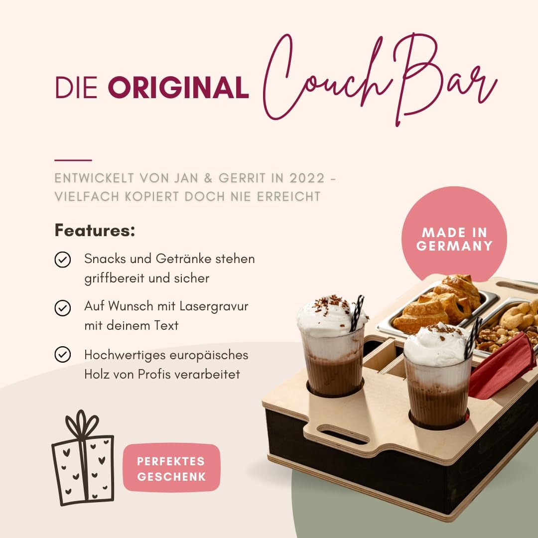INEXTERIOR CouchBar - PERSONALISIERBAR - handgefertigt in Deutschland - zwei Snackschalen, Organizer
