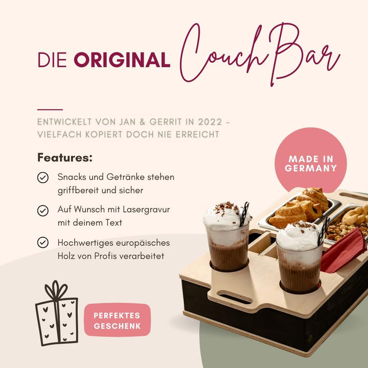INEXTERIOR CouchBar - PERSONALISIERBAR - handgefertigt in Deutschland - zwei Snackschalen, Organizer