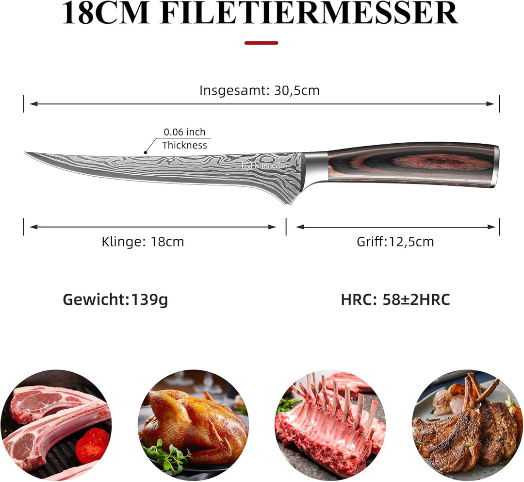 Sunnecko Filetiermesser 18CM Profi Küchenmesser - Ultra Scharfe Messer für Schneiden, Fischmesser Au
