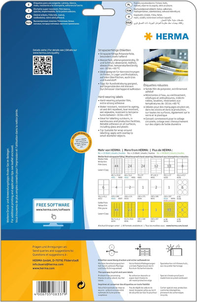 HERMA 8337 Wetterfeste Folienetiketten, 25 Blatt, 37 x 13 mm, 85 Stück pro A4 Bogen, 2125 Aufkleber,