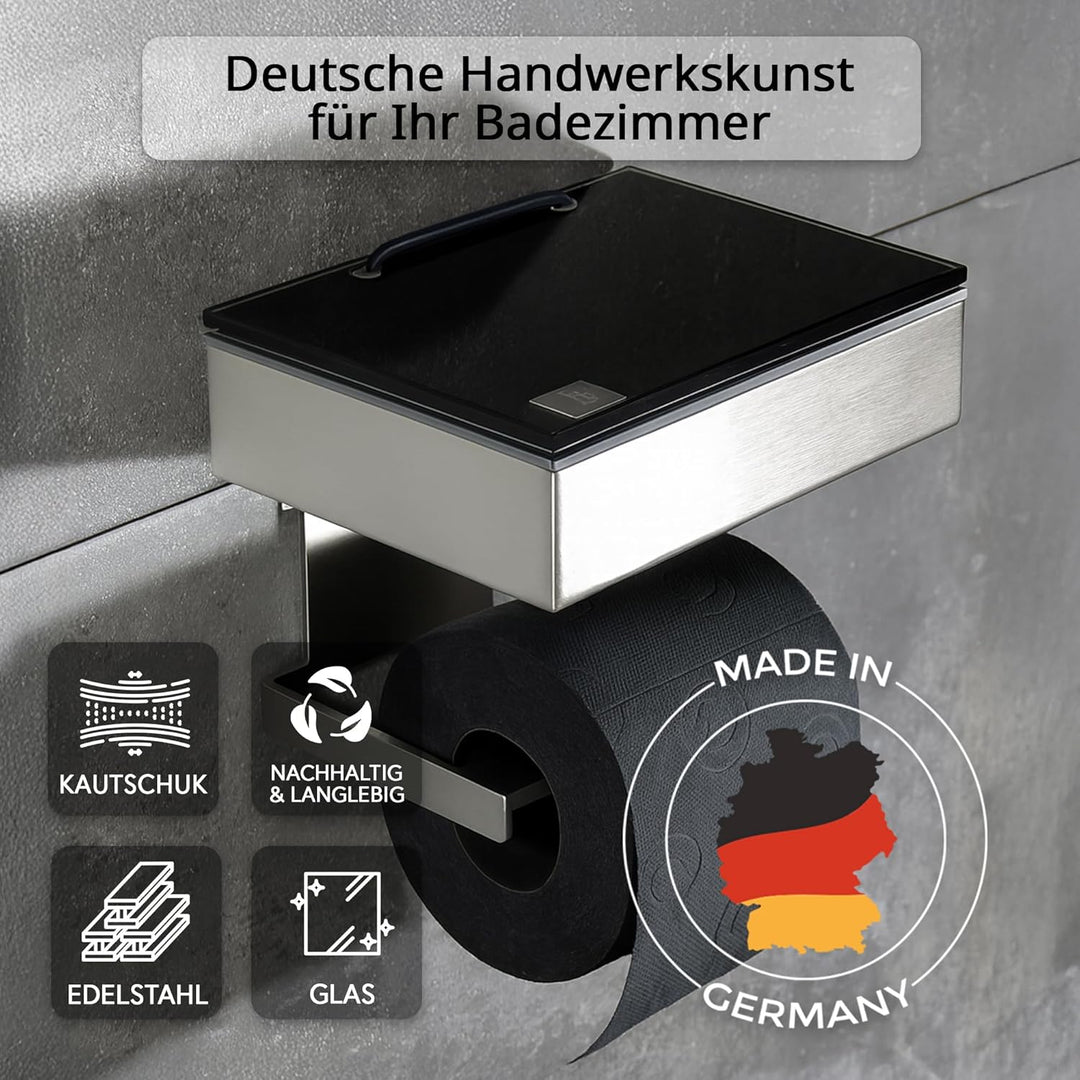 Toilettenpapierhalter mit Feuchttücherbox - Gehäuse Matt & Abdeckung Glas Schwarz - befüllbar von Re