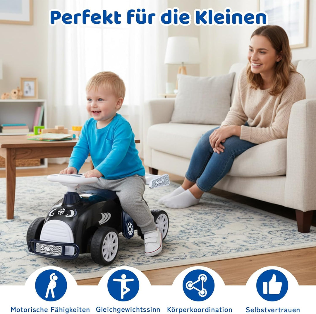 COSTWAY Rutschauto, Rutschfahrzeug im Hai-Design, Kinderfahrzeug mit Musik & Stauraum unter dem Sitz