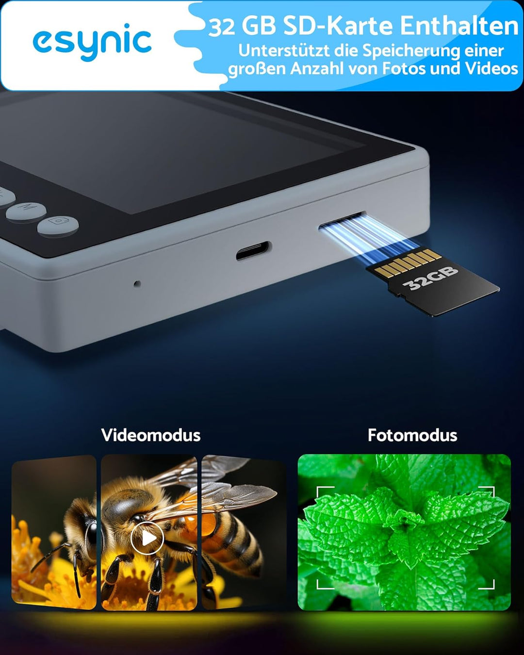 eSynic USB Mikroskop 4,5 Zoll IPS Bildschirm, 1000x Vergrösserung, 2 Schwanenhalogenleuchten, 32GB S