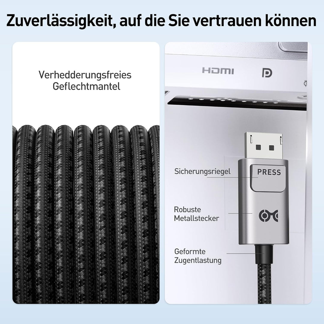 Cable Matters Premium Braided USB C DisplayPort Kabel 8K 60Hz 1,8m (USB C auf DisplayPort Kabel, USB