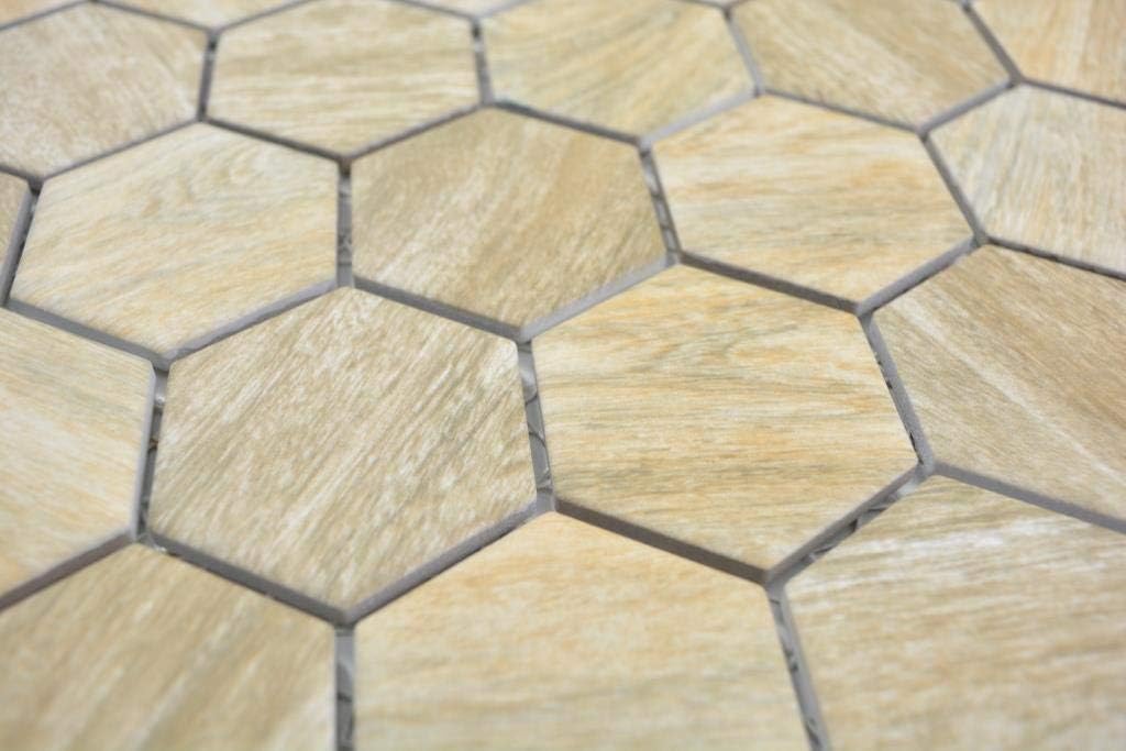 Mosaikfliese Keramik Hexagon Sechseck Holz beige Wandfliese Duschwand Wandverkleidung Badfliese Flie