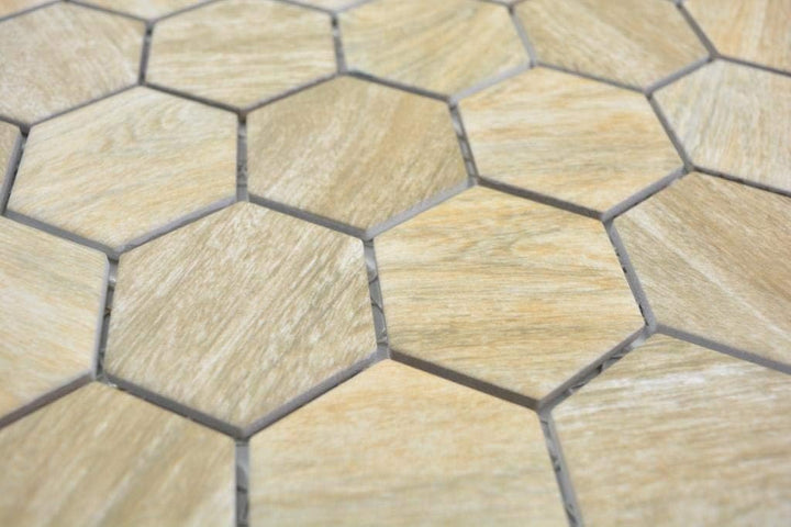 Mosaikfliese Keramik Hexagon Sechseck Holz beige Wandfliese Duschwand Wandverkleidung Badfliese Flie