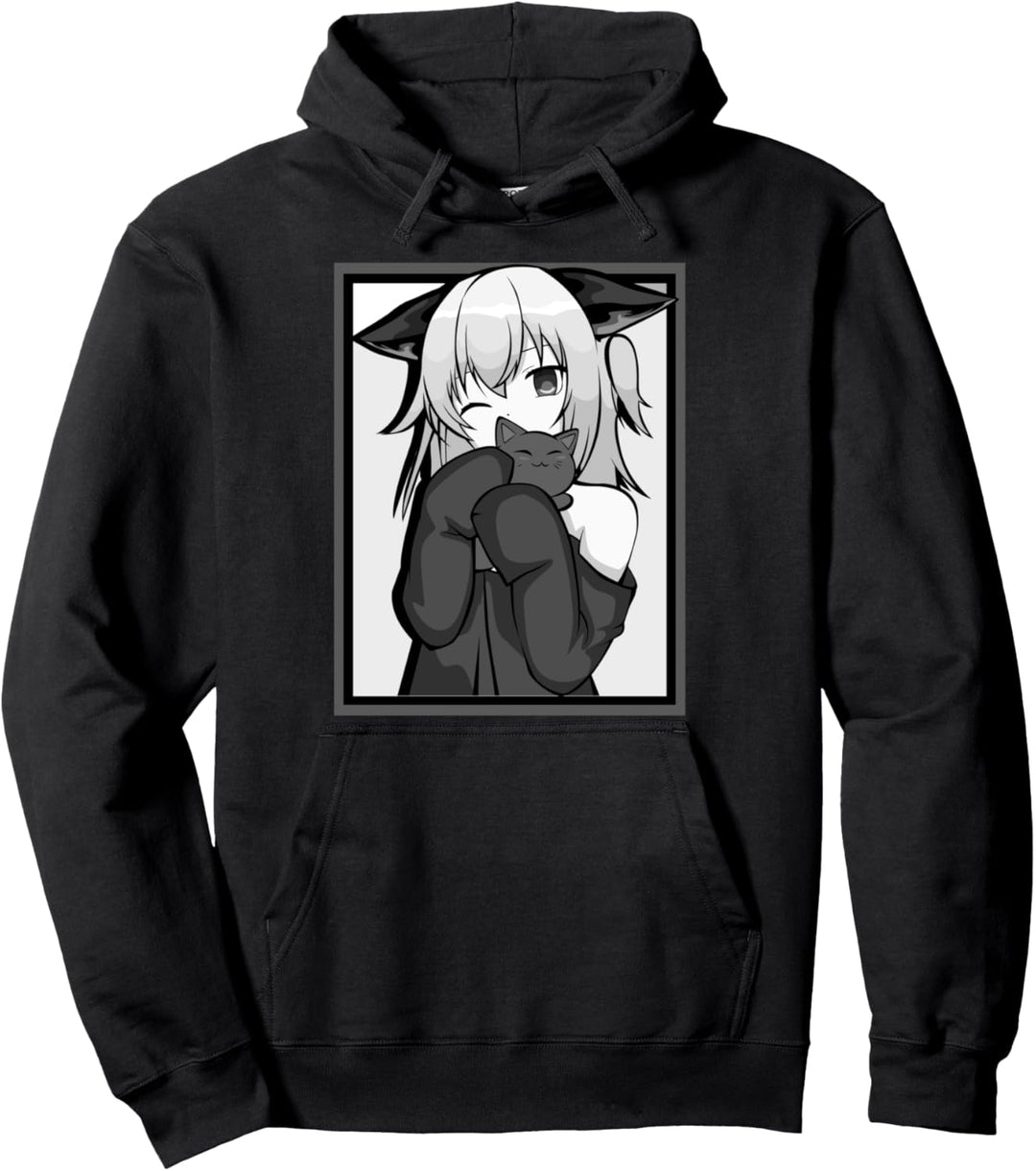 Anime-Girl, niedliches Katzen-Design, Schwarz und Weiss Pullover Hoodie