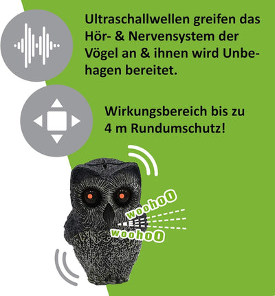 ISOTRONIC Fake Eule Vogelschreck Figur mit Leuchtaugen, realistisches simuliertes Kreischen Vogelsch