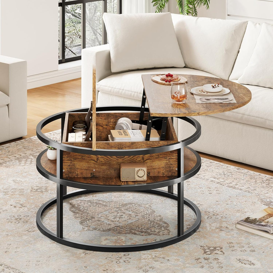 Dripex Couchtisch Rund, 81cm Durchmesser, Höhenverstellbar Beistelltisch mit Verstecktem Stauraum, W