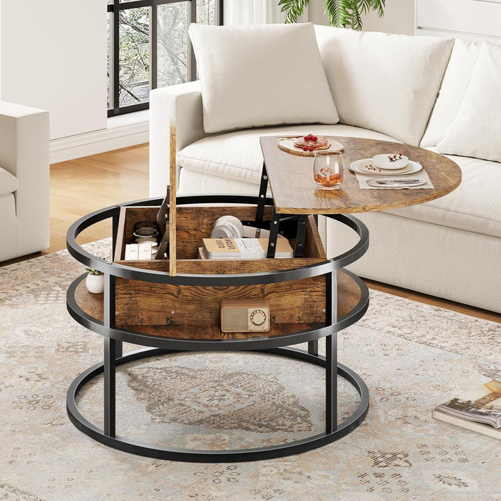 Dripex Couchtisch Rund, 81cm Durchmesser, Höhenverstellbar Beistelltisch mit Verstecktem Stauraum, W