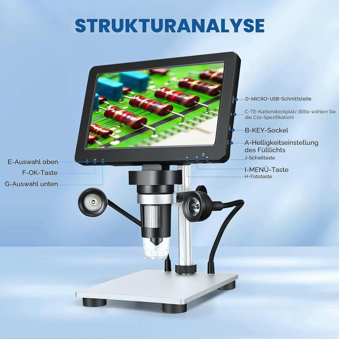 Professionelles Mikroskop 7 Zoll 1200 x 12 MP Digitales Mikroskop mit drehbarem HD-Display/8 LED-Leu