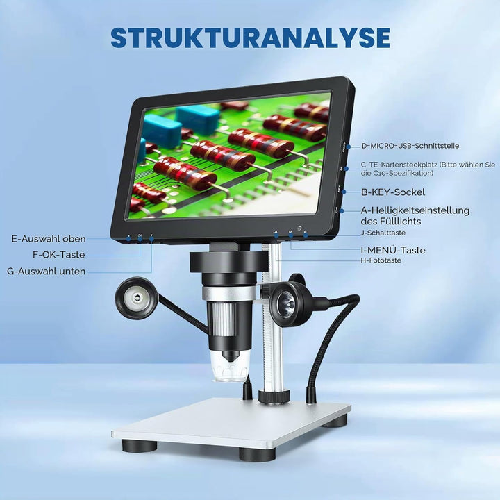 Professionelles Mikroskop 7 Zoll 1200 x 12 MP Digitales Mikroskop mit drehbarem HD-Display/8 LED-Leu