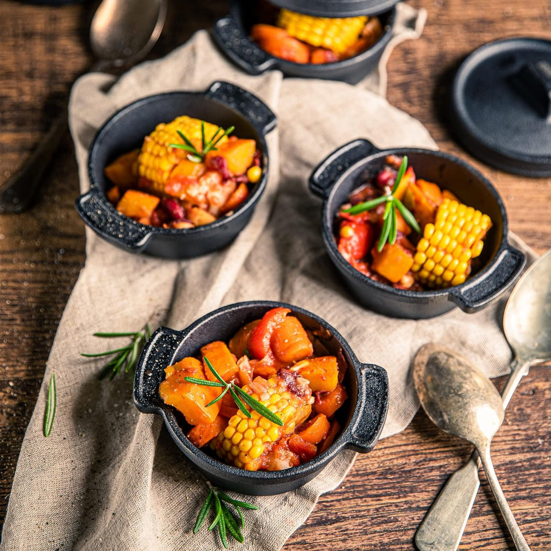 BBQ-Toro Mini Dutch Oven Set (6 Stück) I Ø 11 cm I bereits eingebrannt - preseasoned I Gusseisen Ser