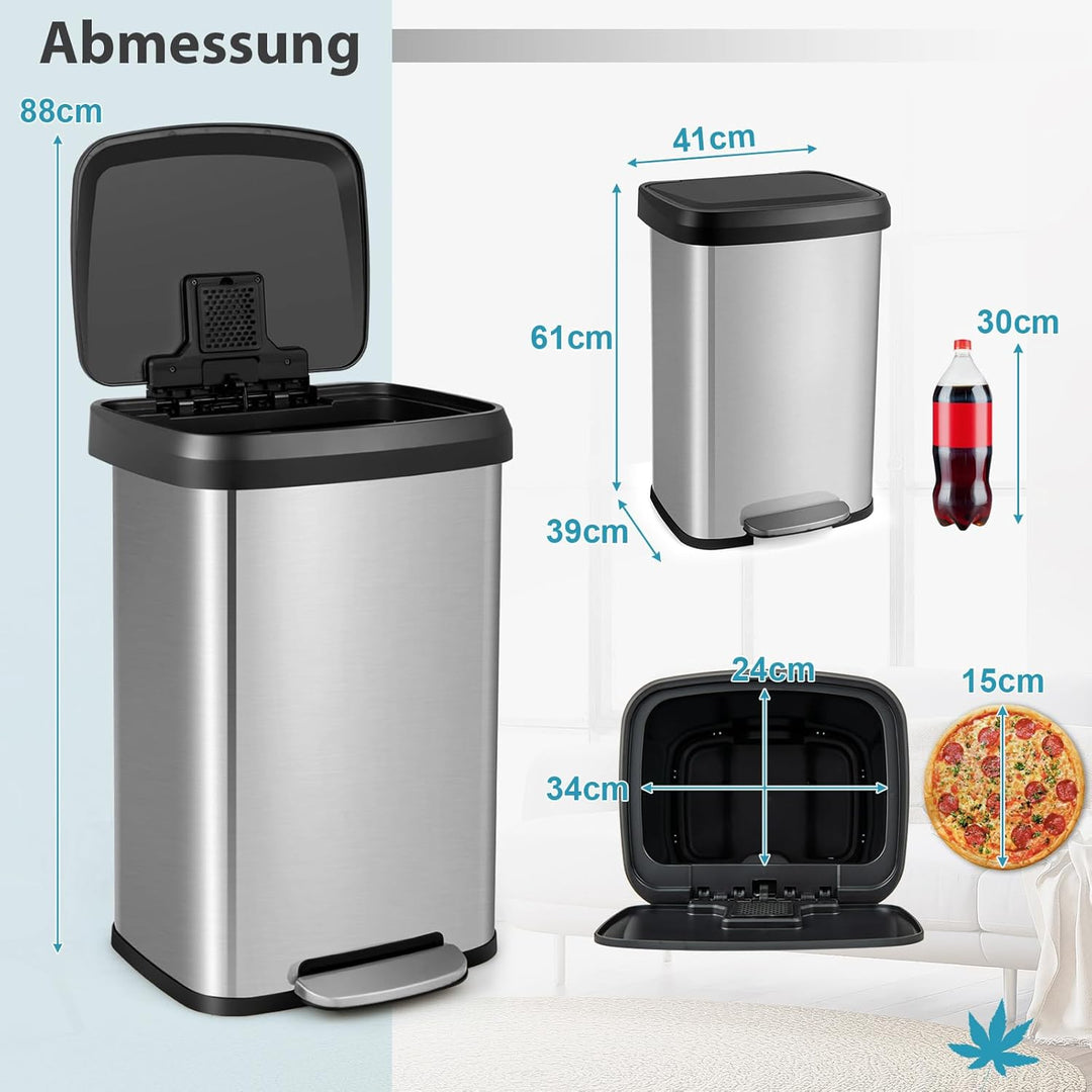 COSTWAY Mülleimer Küche, 50L Abfalleimer, Tretmülleimer mit sanft schliessendem Deckel, Mülltrennsys