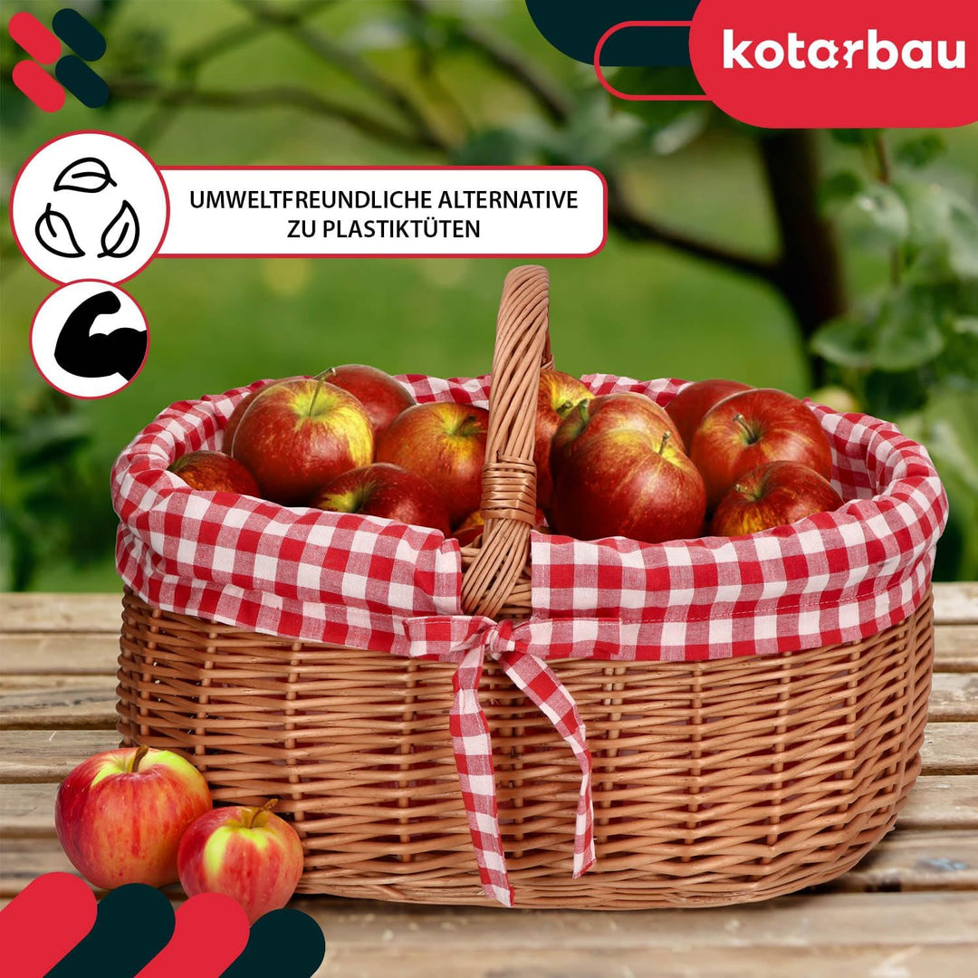 KOTARBAU® Picknickkorb Weidenkorb 46 cm Naturfarbe Einkaufskorbmit rot kariertem Stoffeinsatz Osterk