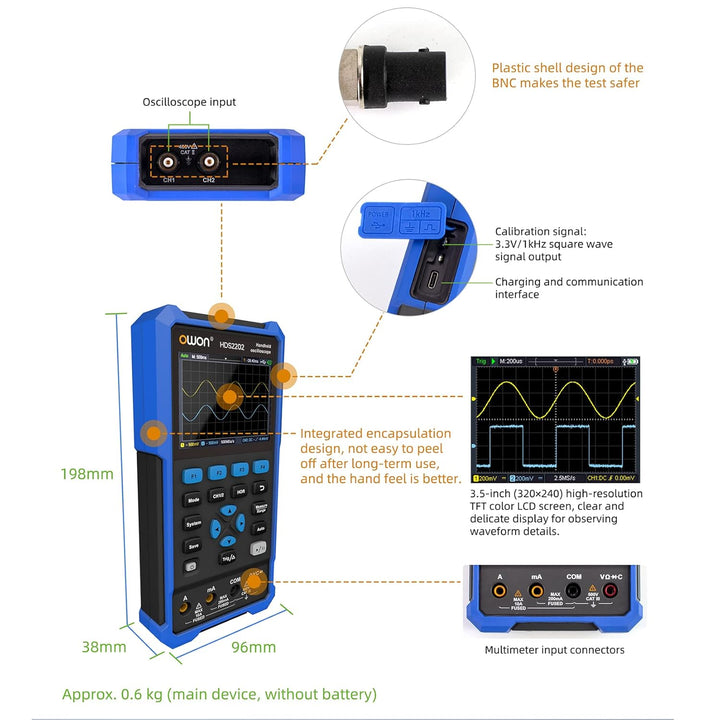 OWON HDS2202 Handheld Oszilloskop,20000 Counts Digitalmultimeter, Digitales Oszilloskop tragbar 2 in