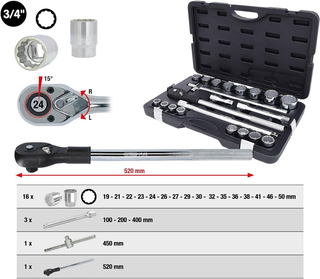KS Tools 911.0722 3/4 Zoll 12-Kant Steckschlüssel Satz | inklusive Umschaltknarre, 24-Zahn | matt sa