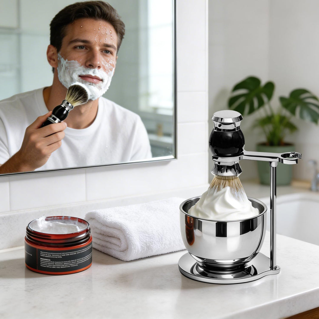GRUTTI Rasier-Set 4-in-1: Rasierbürste + Rasierbecher + Rasierständer + Rasiercreme, Luxus Rasurerle