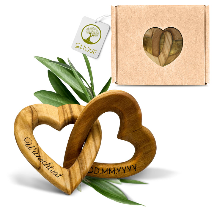 Holzherzen personalisiert, Olivenholz - Verbundene Holz Herzen mit Gravur als individuelles Geschenk