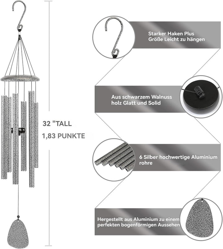 Windspiel für draussen, 6-Röhren-Klangspiel für Garten, Balkon und Terrasse, Hängende Gartendekorati
