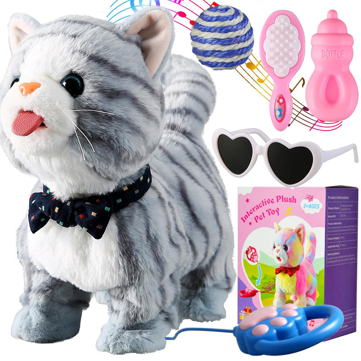 Buntes Leine-Set für laufende Katzen, singend, das schnurrt und miaut, Zunge herausstrecken, animier