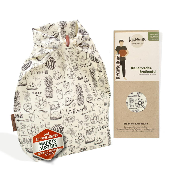 Kumanu | Bio-Bienenwachstuch - Brotbeutel KRÜMELKARL | H 35cm x B 29cm | mit Standboden und Verschlu
