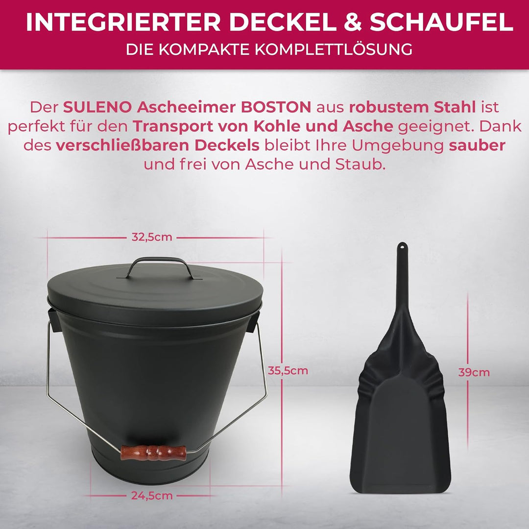SULENO - Ascheeimer BOSTON mit Deckel 35x32cm 19 Liter, inkl. Schaufel, Stahl schwarz, Kohleeimer mi
