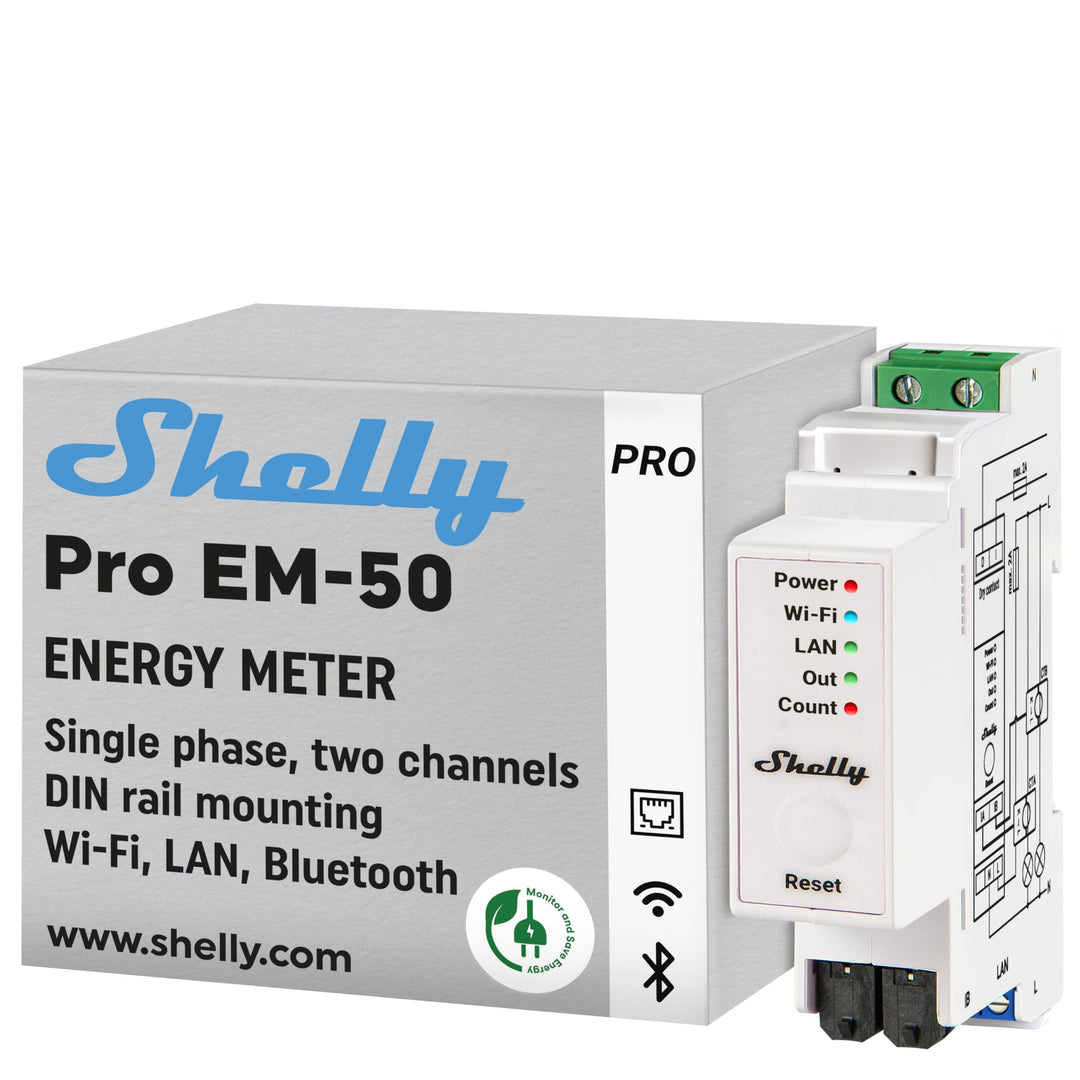 Shelly Pro EM 50A - WLAN & LAN Smart Energiezähler, 2 Kanäle auf 1 Phase, 2A Potentialfreie Kontakte