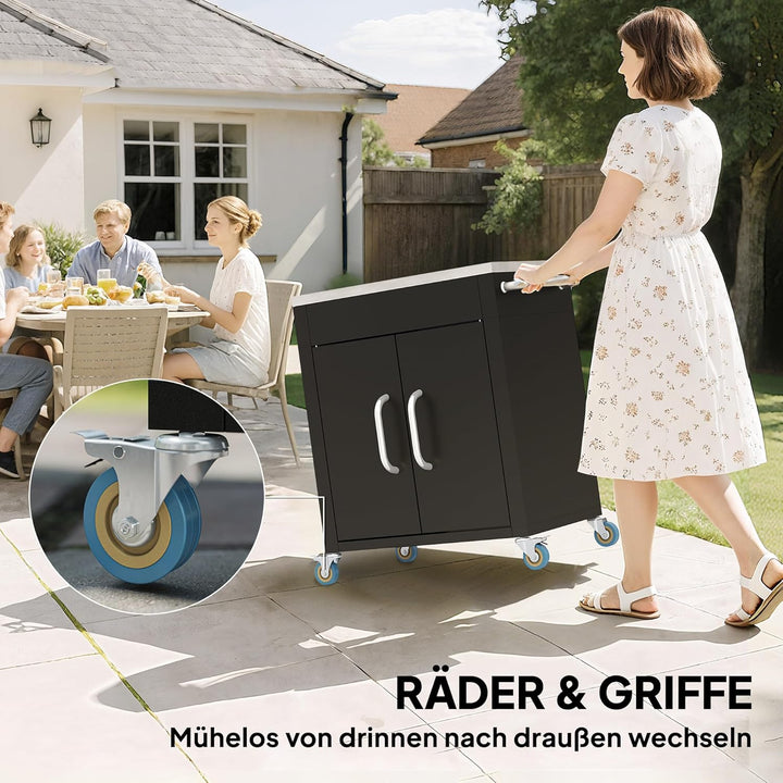 HOMCOM Küchenwagen mit Rollen, Servierwagen, Küchentrolley mit Schrank, Haken und Edelstahlgriffe, R