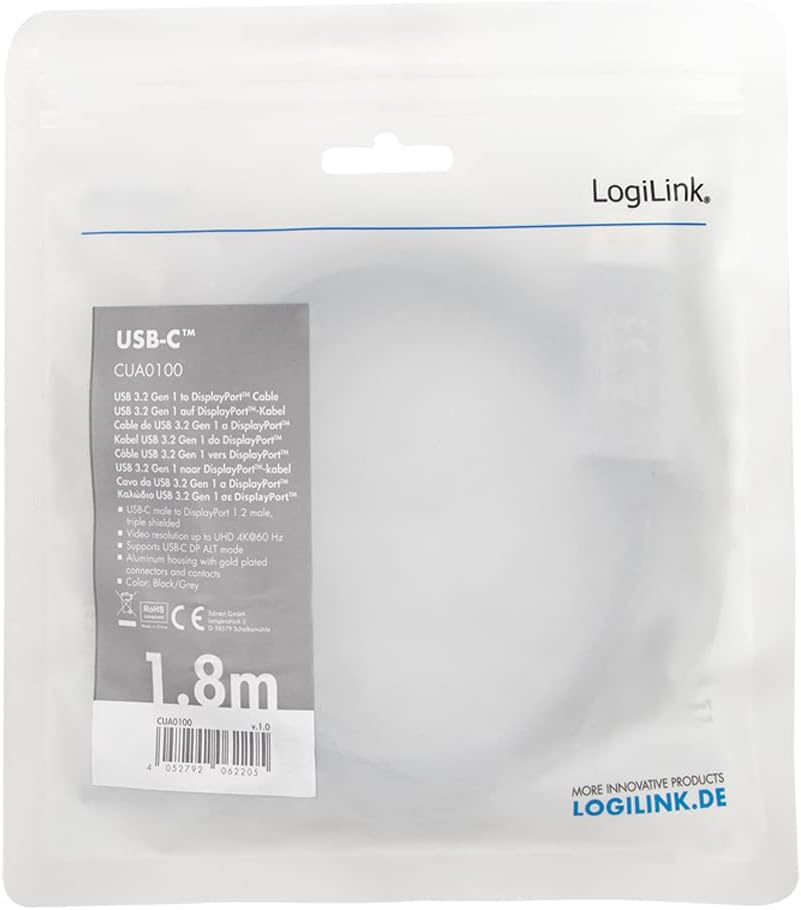 LogiLink CUA0100 - USB 3.2 Gen 1-DisplayPort Anschlusskabel 4K/60 Hz, Alu, schwarz/grau, 1,8 m