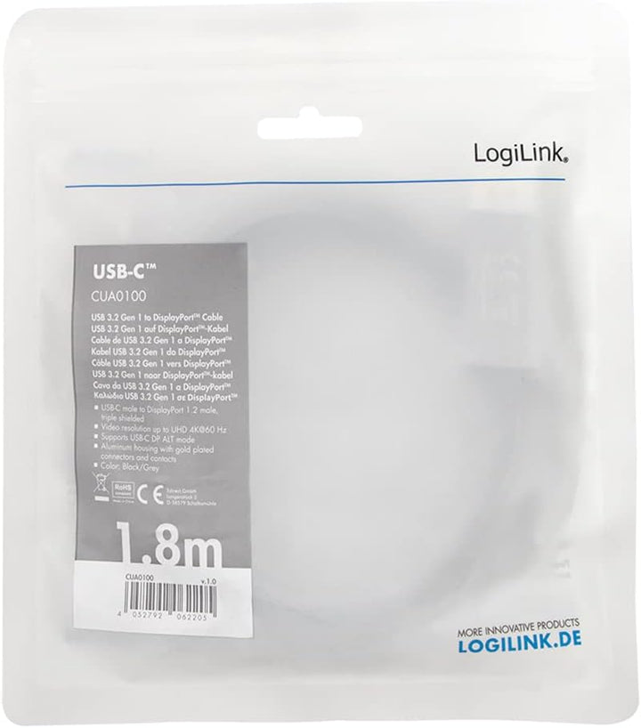 LogiLink CUA0100 - USB 3.2 Gen 1-DisplayPort Anschlusskabel 4K/60 Hz, Alu, schwarz/grau, 1,8 m