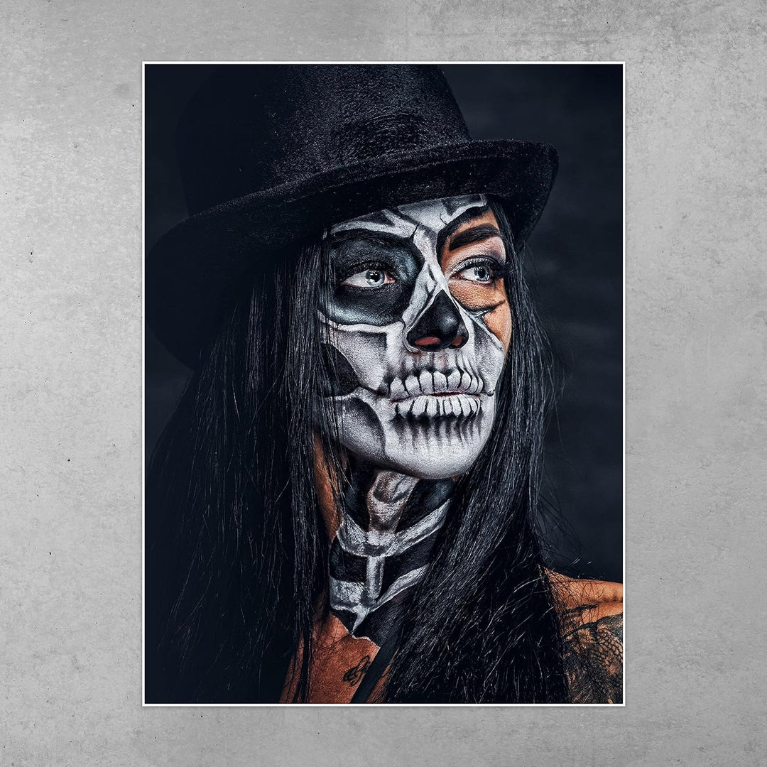 wandmotiv24 Poster als Wanddeko, Grösse 80x60cm, Model mit Totenkopf Makeup, Schminke, Hut, Frau, Mo