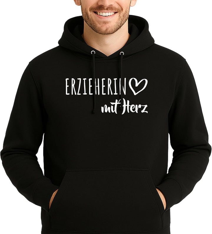 huuraa Unisex Hoodie Erzieherin mit Herz Pullover Vegan Grösse 3XL Deep Black mit Motiv für die toll
