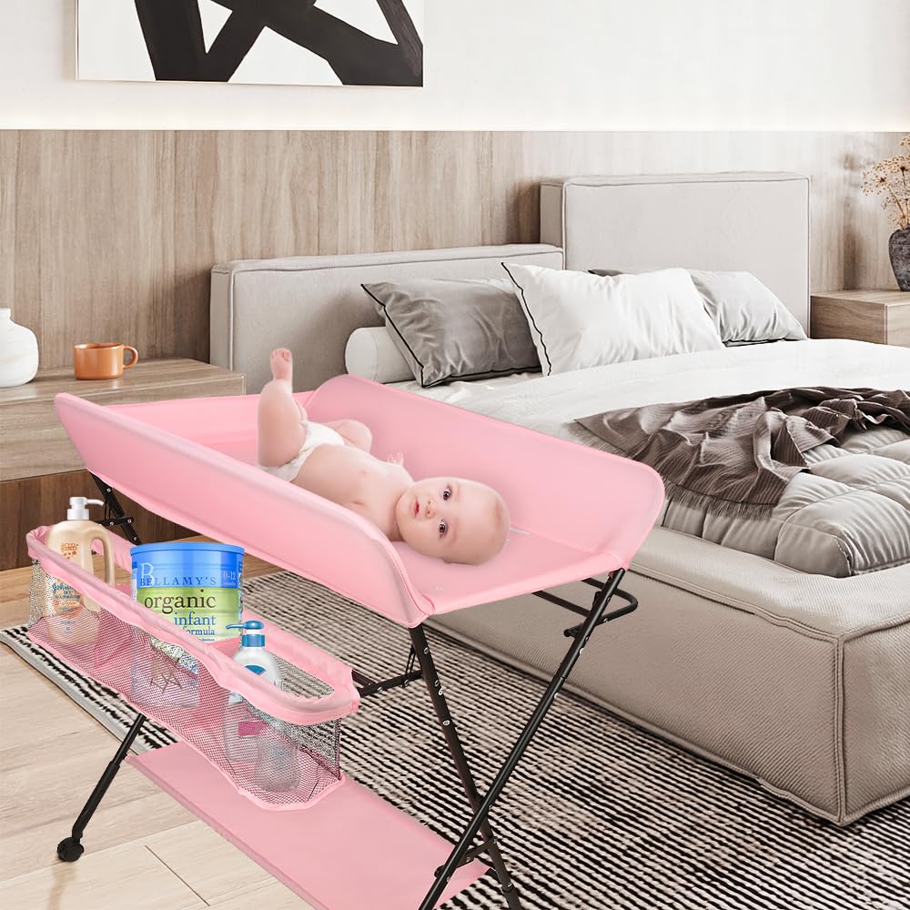 Wickeltisch, faltbar, mit Sicherheitsgurt und Schutzplatten, 4-in-1, höhenverstellbar, Rosa, Rosa