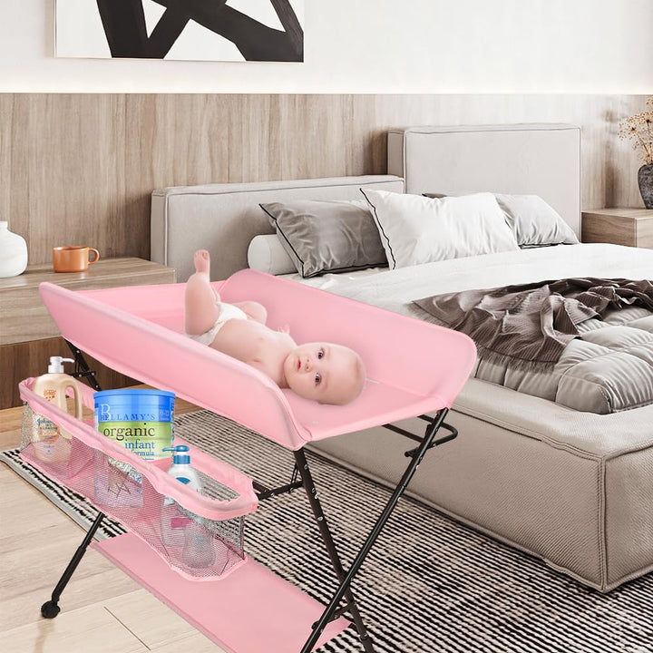Wickeltisch, faltbar, mit Sicherheitsgurt und Schutzplatten, 4-in-1, höhenverstellbar, Rosa, Rosa