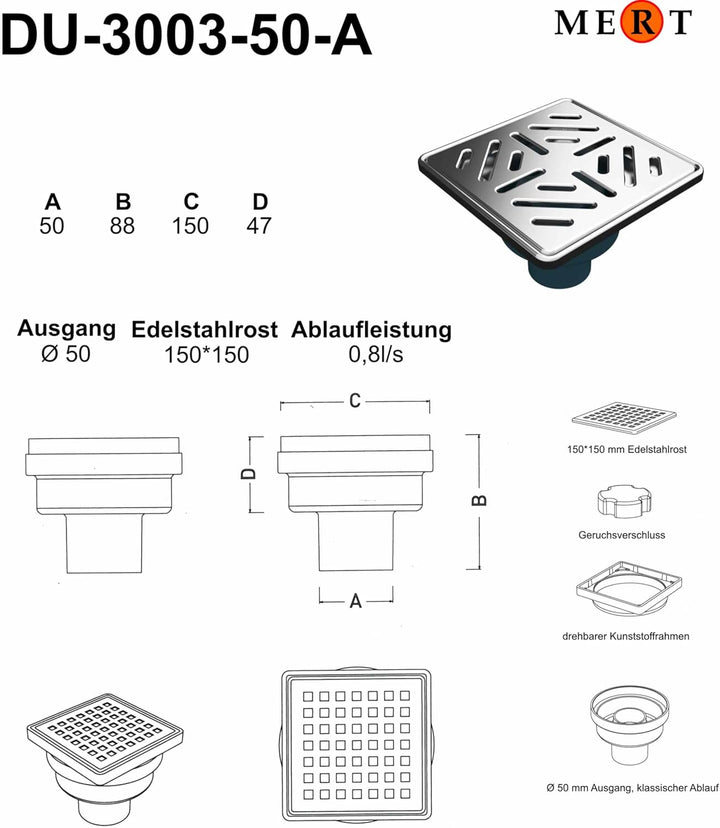 Duschablauf 150x150 mm Edelstahl – Bodenablauf mit Geruchsverschluss – Ablauf Dusche Bad – Ablaufgar