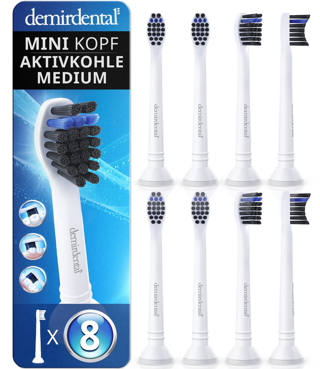 8er demirdental Ersatzbürsten passend für Philips Sonicare, Mini Aktivkohle Aufsätze & Aufsteckbürst