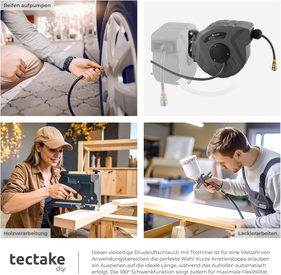 tectake 800801 Druckluftschlauch Aufroller mit ¼ Zoll Schnellkupplung, Aufroll-Automatik mit Schlauc