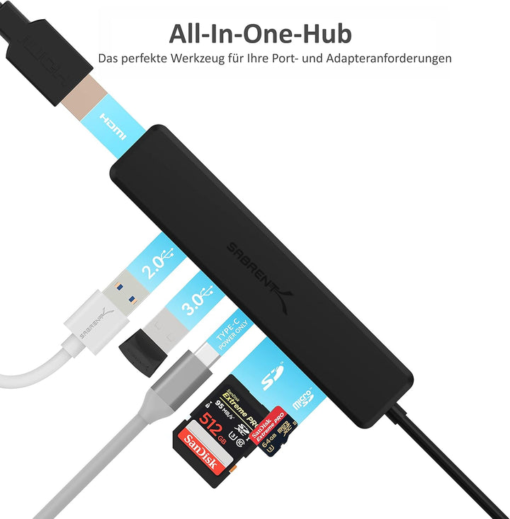 SABRENT USB C Hub mit HDMI 4K 30Hz, 60W USB-C PD Ladegerät und SD/Micro SD Kartenleser (HB-TC6C) 6-i