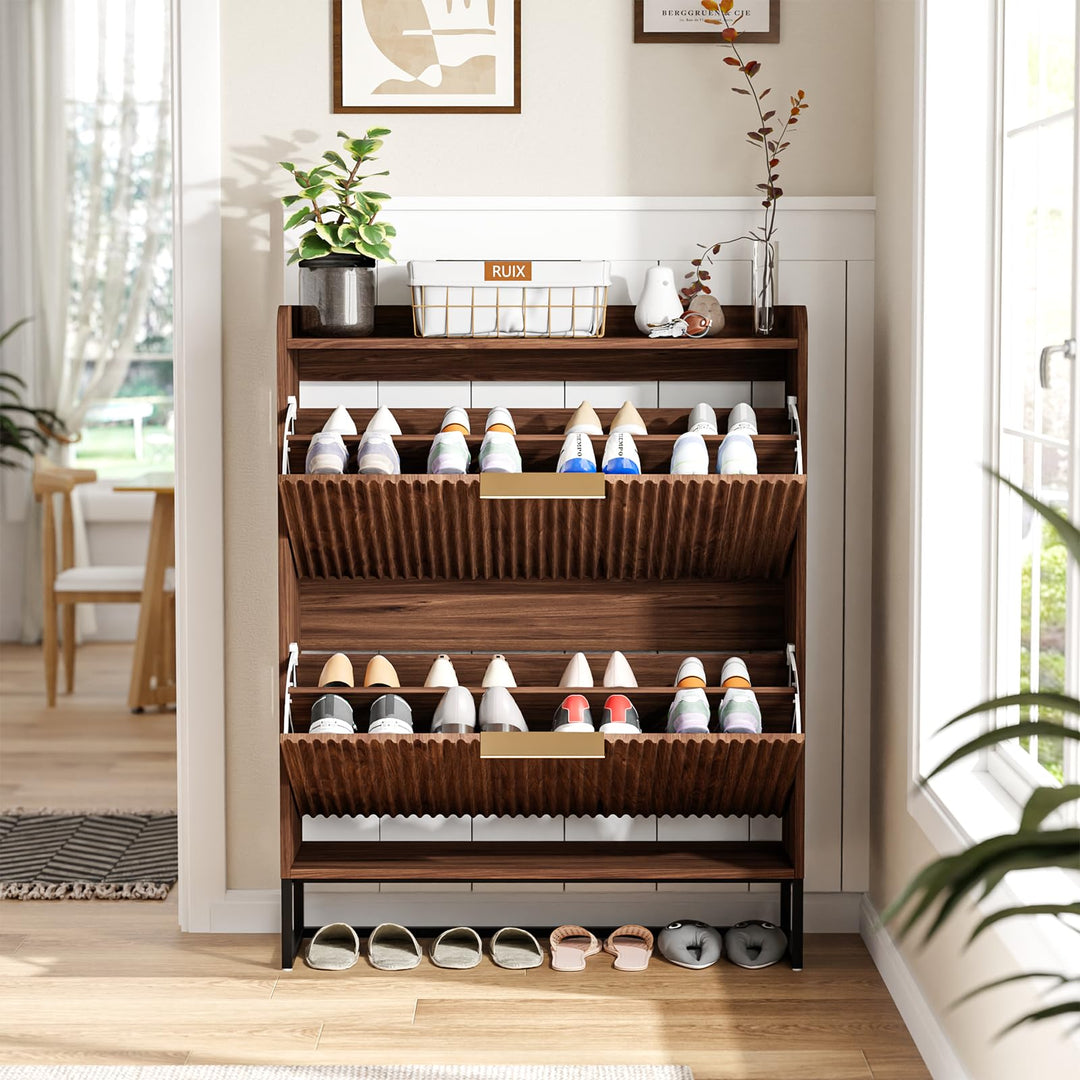 Bonnlo Schuhschrank mit 2 Klappen, Schuhregal mit geriffelte Türen, Schuhkipper Schmal, Schuhaufbewa