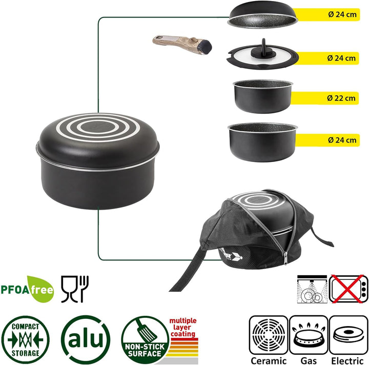 BRUNNER Camping Kochgeschirr-Set Alu (Töpfe und Pfannen) - ø 20, 22, 24, 26-cm Pirate Vakublock - 4