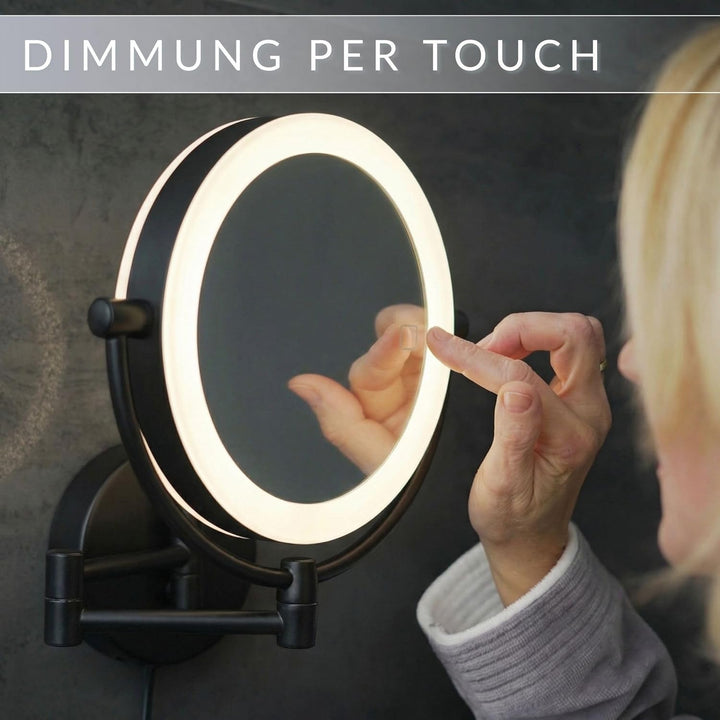 LED Kosmetikspiegel Modena schwarz – 360° Wand-Schminkspiegel mit Dimmer, Tageslicht-LEDs &amp; 5x/10x V