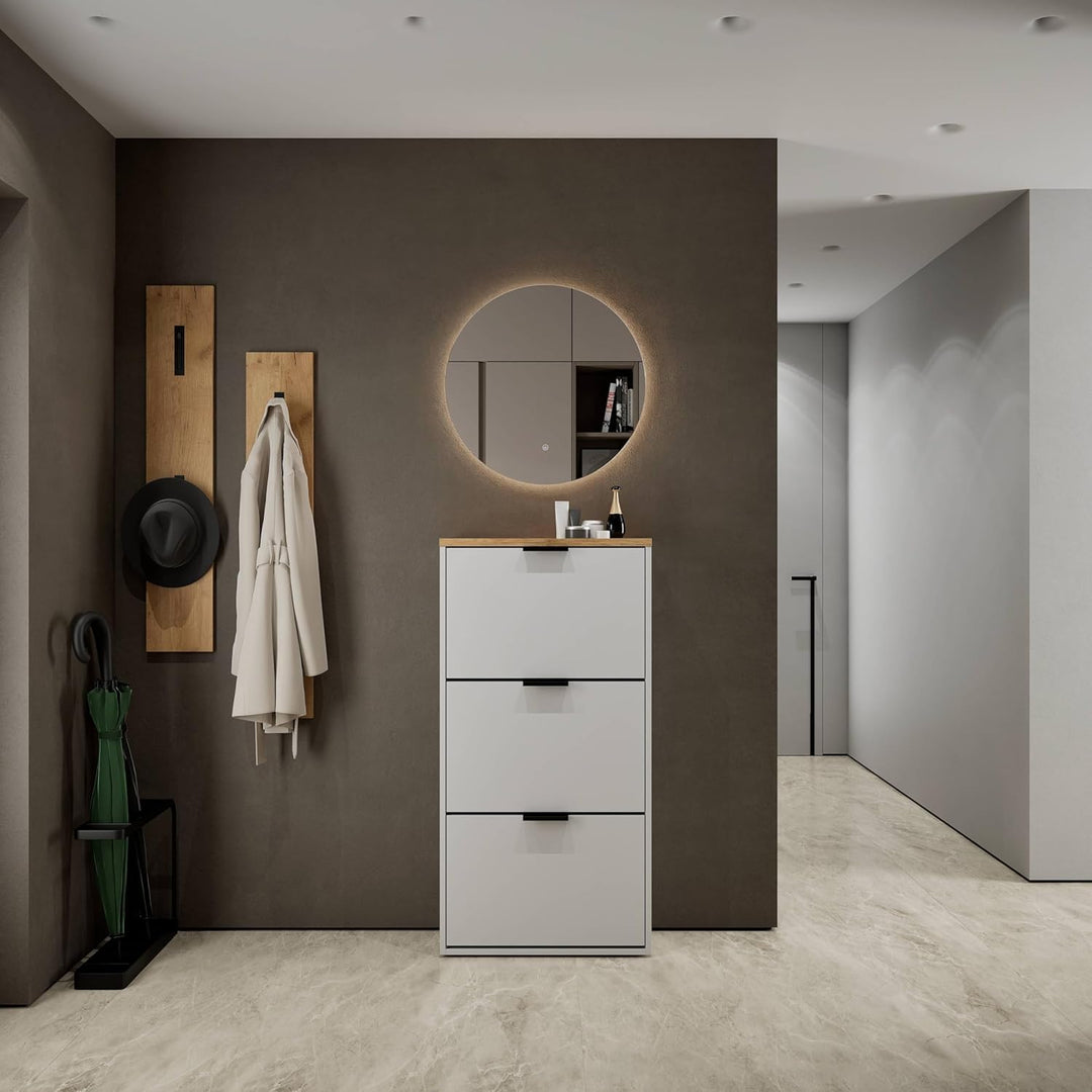 Planetmöbel Schuhschrank schmal mit 3 Klappen platzsparender Schuhregal mit 6 Ablagen, Schuhkommode