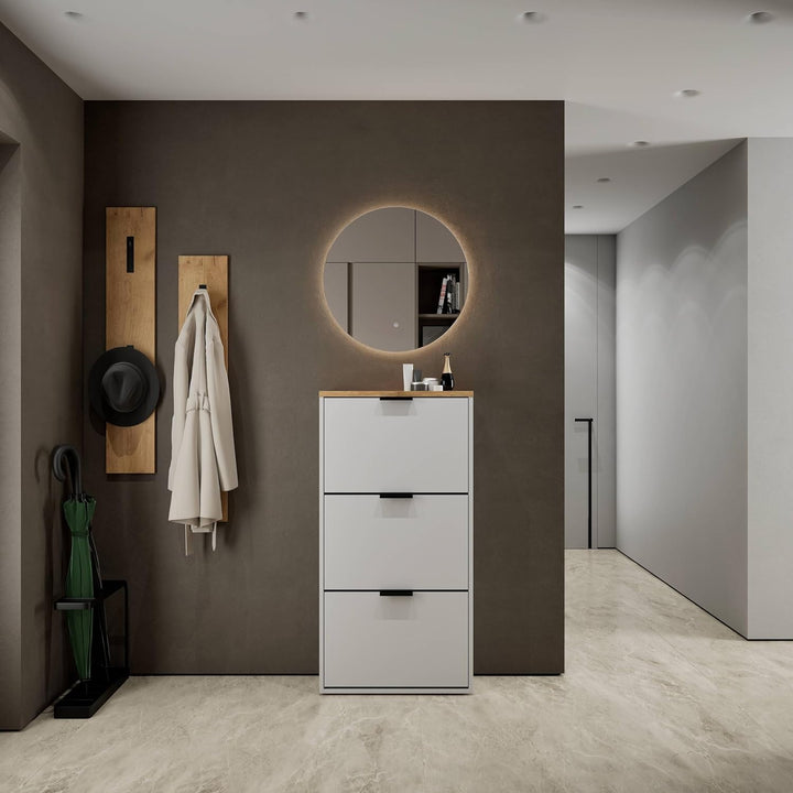 Planetmöbel Schuhschrank schmal mit 3 Klappen platzsparender Schuhregal mit 6 Ablagen, Schuhkommode