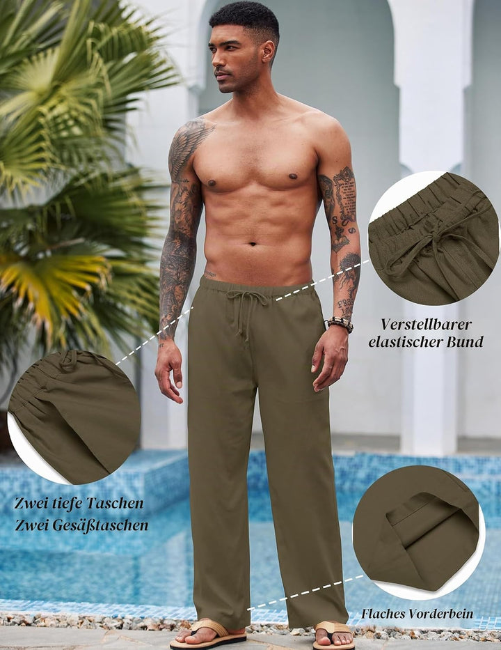 COOFANDY Herren Leinenhose mit Kordelzug Leicht Sommerhose Freizeithose Strandhose Urlaub Einfarbig