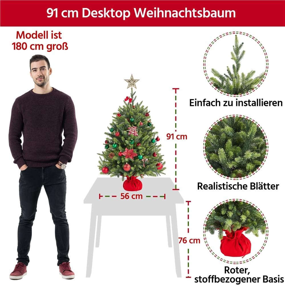 Yaheetech 91cm Mini künstlicher Weihnachtsbaum mit 143 Spitzen &amp; Zementbasis, Mini Tischplatte Tanne