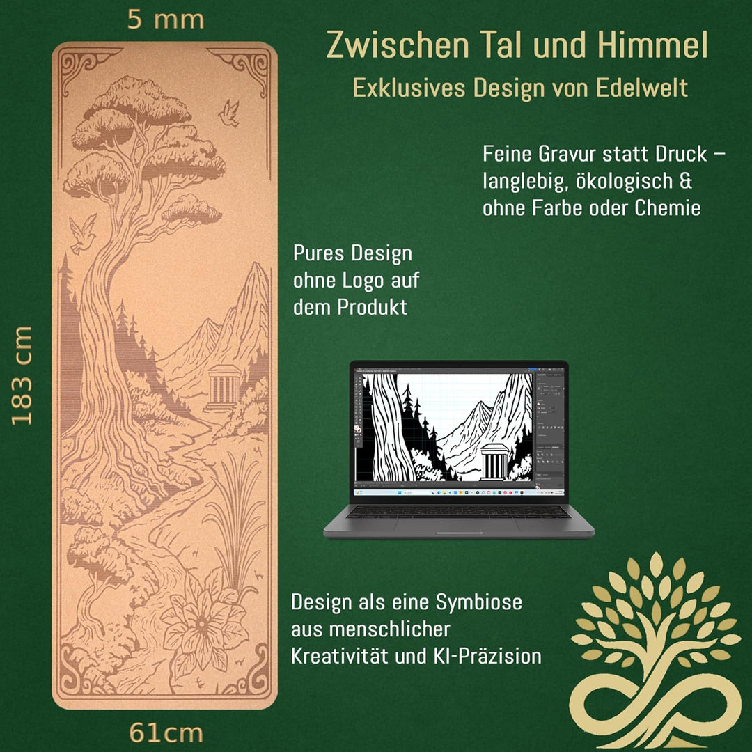 Yogamatte aus Kork – rutschfest &amp; nachhaltig – 183×61cm mit 5mm dicker Matte, Tragegurt &amp; Lasergravu