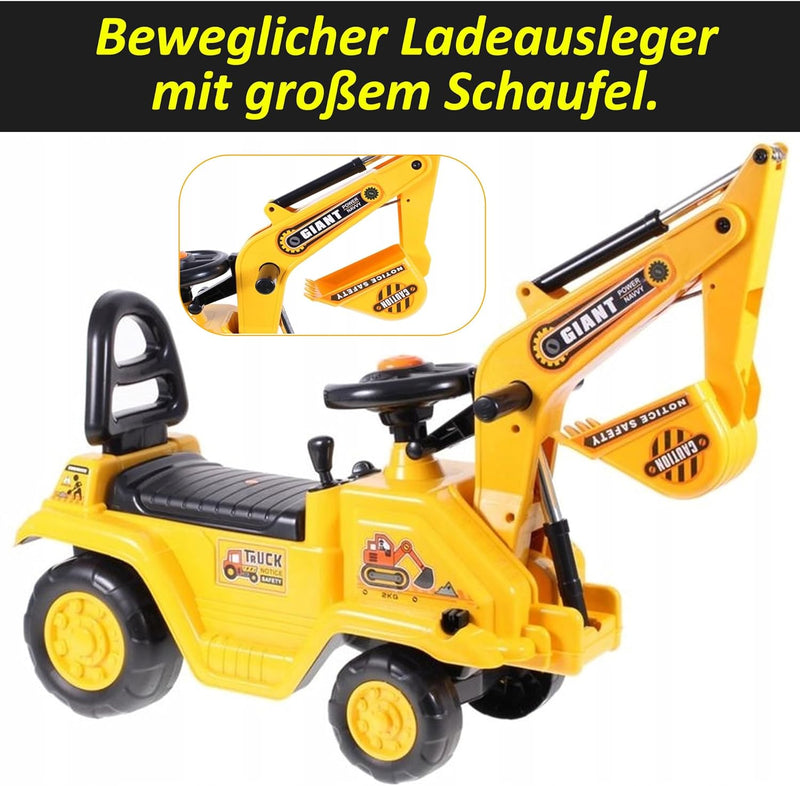 COIL Rutschauto - Grosser Bagger für Kleinkinder, Spielzeugbagger mit Lenkrad und Geräuschen, Sandsp