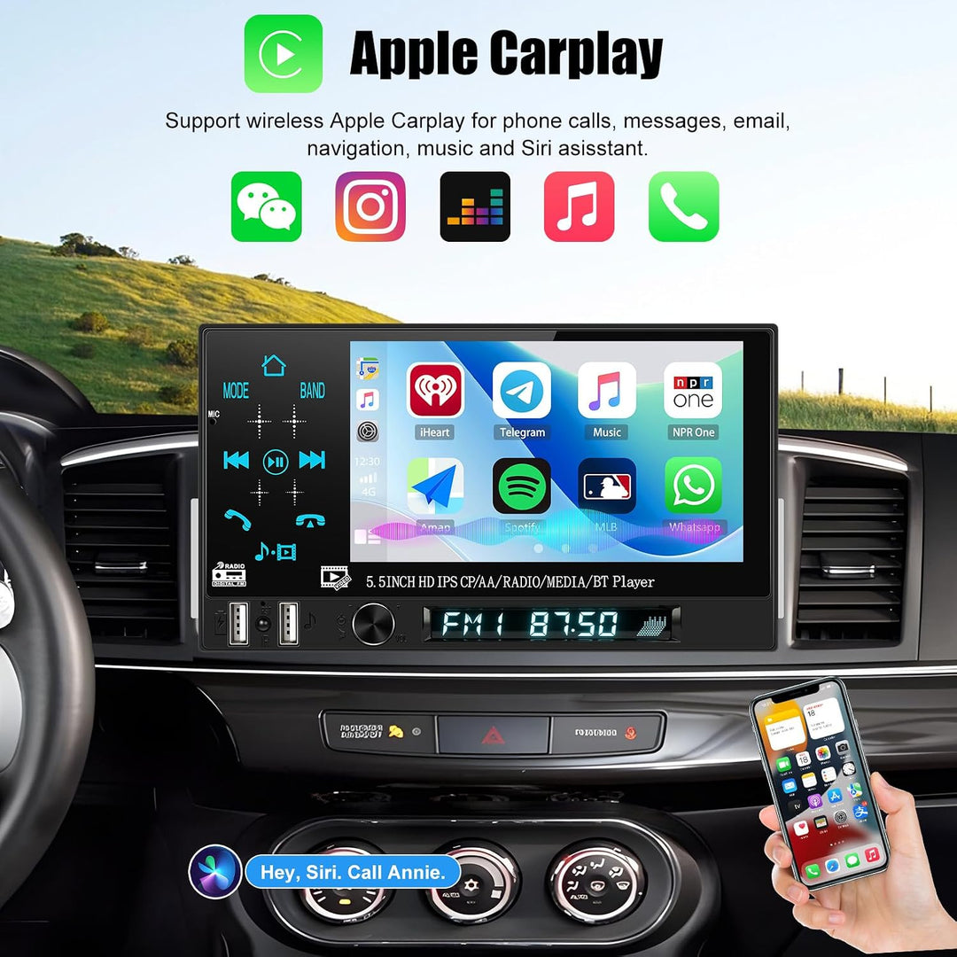 CAMECHO Autoradio 1 Din Wireless Carplay Android Auto Bluetooth Radio, 5.5 Zoll Touchscreen mit IPS